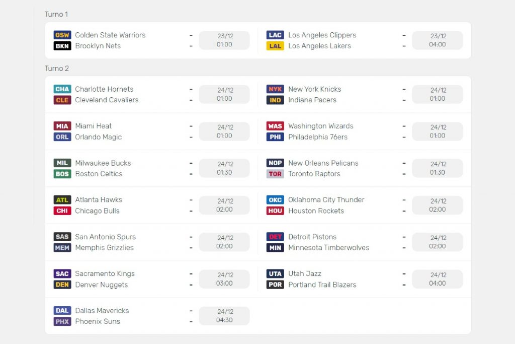 Esempio calendario NBA