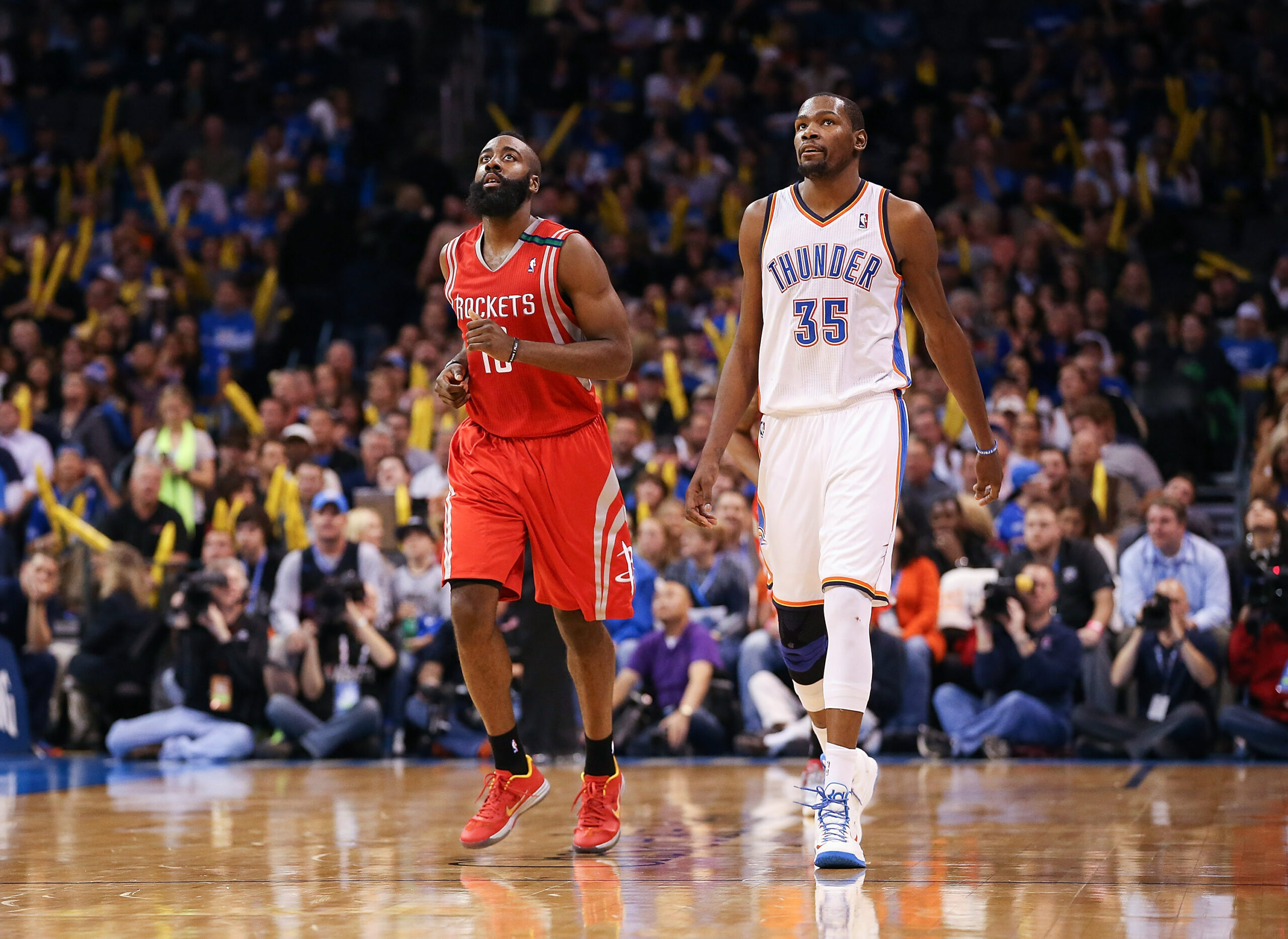 James Harden e Kevin Durant in azione con Houston Rockets e Oklahoma City Thunder